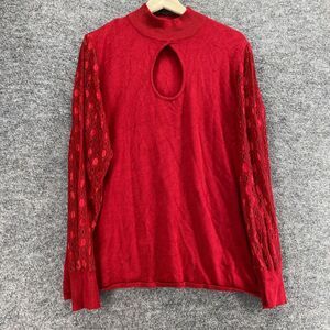 Ashley Stewart Blouse Women 14/16 Red Geometric High Neck Long Sleeve Rayon